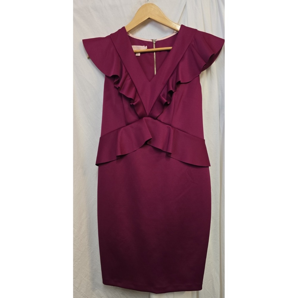 Ted Baker London Size 3 Burgundy Ruffle Peplum Sheath Dress Cocktail USA 8 - Picture 2 of 9